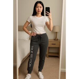True Religion Jogger Sweatpants Women's S Gray Logo Drawstring Cuffed Pants